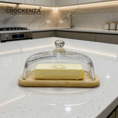 Modern Bamboo Base Butter Dish | Clear Glass Dome Countertop Keeper