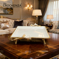 Opulent White Ceramic Square Platter with Ornate Gold Base