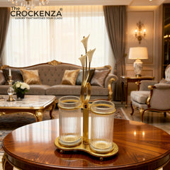 Luxury Gold Spoon Holder with Dual Glass Containers – Elegant Tabletop Cutlery Organizer
