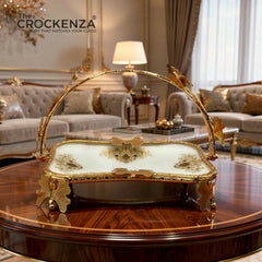 Luxury Rectangular Golden Platter with Handle | Decorative Serving Tray