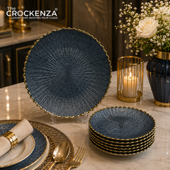 7-Piece Luxury Midnight Blue Textured Glass Cake & Fruit Serving Set with Gold Rim – 1 Large & 6 Small Plates
