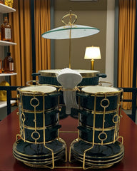 Premium Deep Green Ceramic 22-Piece Soup Set with Gold-Plated Stand – Elegant Dinnerware Collection