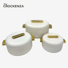 Imported Luxury Collection | Forever Gold 3Pcs Hotpot Set | Keep your food fresh & warm | White Plain Round (1, 2 & 3.5 Litres)