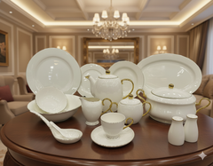 Premium Bone China Imported Dinnerware Set (73 & 101 PC) - Plain White with Gold Rim (JT-005)