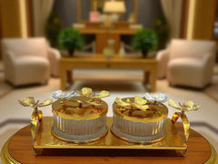Luxury Golden 2-Compartment Dry Fruit & Candy Serving Set – Elegant Table Décor & Centerpiece