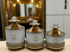Luxury White & Gold Pearl-Embellished Candy Jar Set – 3 Pcs | Decorative Storage for Sweets, Dry Fruits & More