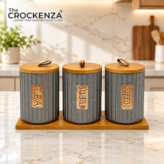 Imported Tea/Coffee/Sugar Ceramic Storage Jars – Heavy-Quality Air-tight Kitchen Canisters with Wooden Stand