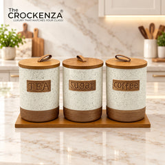 Imported Tea/Coffee/Sugar Ceramic Storage Jars – Heavy-Quality Air-tight Kitchen Canisters with Wooden Stand