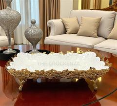 Luxury White Ceramic and Gold Filigree Serving Platter | Centerpiece Tray