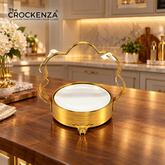 Imported Luxury Gold & White Ceramic Serving Platter with Decorative Stand – Small Size