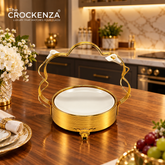 Imported Luxury Gold & White Ceramic Serving Platter with Decorative Stand – Medium Size