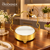 Imported Luxury Gold & White Ceramic Serving Platter with Decorative Stand – Large Size