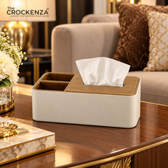 Luxury Leather Tissue Box with Wooden Top & Dual Organizer Compartments – Premium Tabletop Tissue Holder