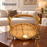 Luxury Bamboo Serving Tray with Gold Handle & Floral Detail – Small & Medium