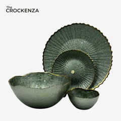 Elegant 14-Piece Textured Fruit & Cake Set – Deep Metallic Green with Gold Accents