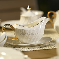 75-Piece Luxury Imperial Thailand inspired Porcelain Dinner Set – Ivory White Tableware with Gold Filigree Accent Handles