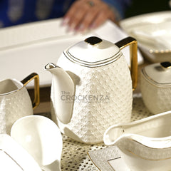 75-Piece Luxury Imperial Thailand inspired Porcelain Dinner Set – Ivory White Tableware with Gold Filigree Accent Handles