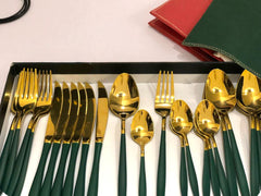 Premium Imported AYD 24 pieces Cutlery Set (Green & Golden) - Serves 6 persons