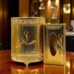 Luxury Golden Textured Tissue Box & Bin Set – Decorative Flower Detailing