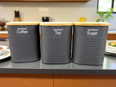 Metallic Canister Trio – Sugar, Tea & Coffee Jar Set with Airtight Bamboo Lids 1000ML (Grey)