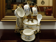 22-Piece Johnson Brothers Inspired Soup Set with Floral Print & Gold Accents – Elegant Porcelain Dinnerware