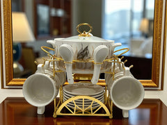 Elegant 22-Piece Soup Set with Gold Trim – Includes Soup Pot, Spoons, Bowls & Saucers – Fine Porcelain Dinnerware for Luxurious Dining