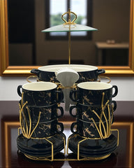 22-Piece Premium Soup Set with Gold-Plated Stand and Marble Print | Black & Gold