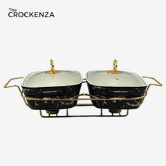 Elegant Twin Rectangular Chafing Dishes (11.5" each) with handles & Metal Stand – Black Marble Buffet Set