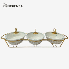 Elegant Triple Oval Chafing Dishes with Handles & Metal Stand – White Textured Buffet Set (9" each)