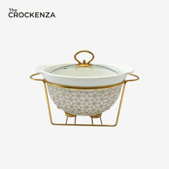 Elegant Geometric Patterned Porcelain Buffet Server – 10.5" Round Food Warmer with Gold-Tone Accents
