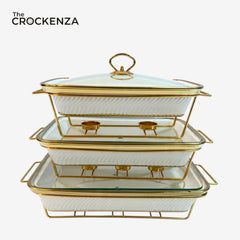 Luxury White Imported Rectangular Porcelain Serving Dish – Lid & Side Handles for Easy Carry - Three Sizes