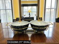 Elegant Twin Oval Chafing Dishes (11" each) with handles & Metal Stand – Black Marble Buffet Set