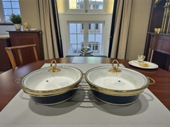 Imported Twin Oval Chafing Dishes - Navy Blue (12" each) with Handles & Metal Stand – Elegant Buffet Set