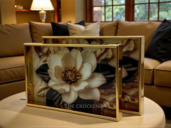 Luxury Magnolia Flower Serving Tray Set – 2-Piece Golden Frame Decorative Trays for Tea, Snacks & Home Décor
