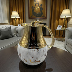 Luxury White Marble Insulated Vacuum Flask – Polished Gold Top & Ribbed Body