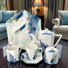 Imported Azure & Gold 24-Piece Luxury Stoneware Tea Set – Modern Watercolor Geometric Design | TheCrockenza