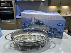 Oval Chafing Dish – Heat-Resistant 2Litre Glass Buffet Server with Mirror-Finish Stainless Steel Lid