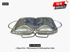 Luxury Twin Glass Chafing Dish Set – 2 × 1.5L Heat-Resistant Serving Warmers with Stainless Steel Lid & Stand