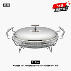 Luxury Glass Food Warmer & Chafing Dish with Stainless Steel Lid 3L - Microwave & Dishwasher Safe