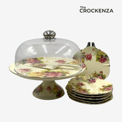 Royal Albert–Inspired 9-Pcs Bone China Cake Set | Floral Elegance with Dome
