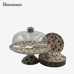 Royal Albert–Inspired 9-Pcs Bone China Cake Set | Floral Elegance with Dome