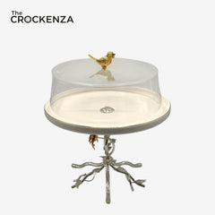 Luxury Acrylic Dome Cake Stand with Gold Bird Handle | Elegant Dessert Display Tray