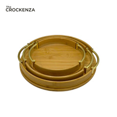 Imported Round Bamboo Tray Set – 3-Piece Eco-Friendly Serving Trays with Gold Metal Handles
