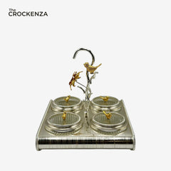 Luxury Silver 4-Partition Dry Fruit Serving Tray with Crystal Bowls & Decorative Handle