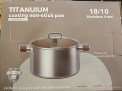 Anti-Scratch Titanium Coating Non-Stick Casserole with Glass Lid | Stainless Steel Skillet | Heat-Resistant Handle | Durable Cooking Pot