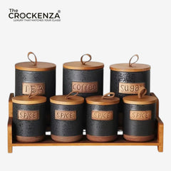 7-Piece Ceramic Airtight Jar Set with Wooden Lids & Storage Tray