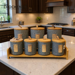 7-Piece Ceramic Airtight Jar Set with Wooden Lids & Storage Tray
