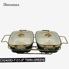 Twin Rectangular Porcelain Serving Dish Set with Gold Stand – 11.5" Double Buffet Server with Handles | Elegant Tabletop Food Warmer & Serving Bowl Set- Green