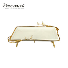 Royal Calla Lily Luxury Ceramic Serving Platter with Gold-Plated Stand - Rectangular