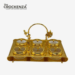 Luxury 6-Partition Dry Fruit Serving Set – Glass Bowls with Golden Designer Tray